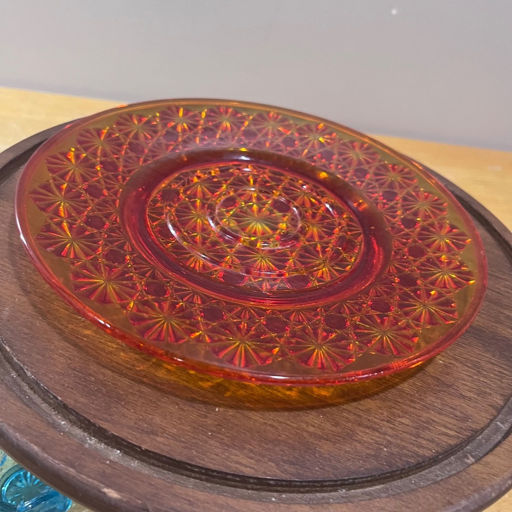 Vtg LE Smith Daisy Button Amberina Glass Hurricane‎ Lamp Base Underplate 7" UV